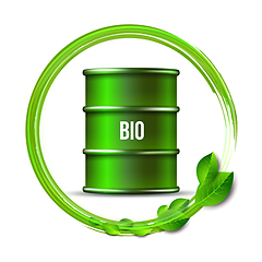 Image showing Green barrel of biofuel with word BIO and green leaves isolated on white