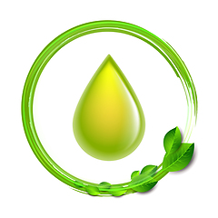 Image showing Green glossy drop with green leaves isolated on white background, environment conceptual design.