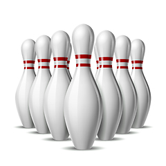 Image showing Group of ten bowling pins. Skittles with red stripes for Sport competition or Activity and fun game.