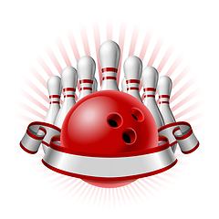 Image showing Bowling sport emblem with red glossy ball, bowling pins and white ribbon for lettering.