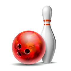 Image showing Red glossy bowling ball and white bowling pin with red stripes.