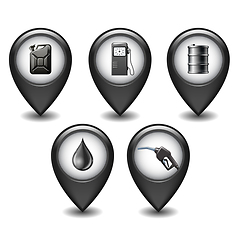 Image showing Set of Black Glossy Style Map Pointers With oil industry icons.