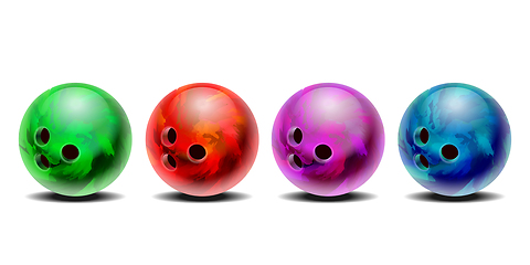 Image showing Realistic colorful 3D purple, blue, red , green bowling balls set.