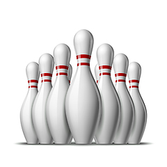 Image showing Group of ten bowling pins. Skittles with red stripes for Sport competition or Activity and fun game.