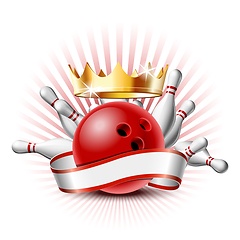 Image showing Bowling sport emblem with red glossy ball, bowling pins and white ribbon for lettering.