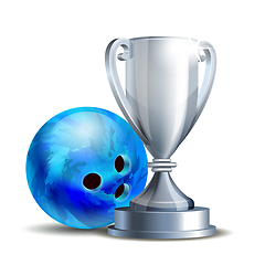 Image showing Bowling Game Award. Blue Bowling Ball and Silver Cup.