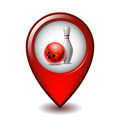 Image showing Red glossy bowling ball and white bowling pin on Mapping Marker vector icon.