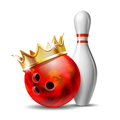 Image showing Red glossy bowling ball with golden crown and white bowling pin with red stripes.