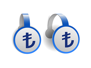 Image showing Turkish Lira symbol on Blue advertising wobblers.