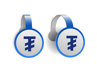 Image showing Mongolian tugrik symbol on Blue advertising wobblers.