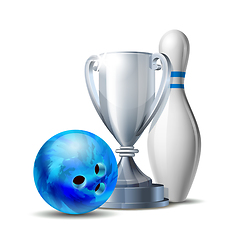 Image showing Bowling Game Award. Blue Bowling Ball and Silver Cup.