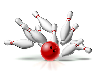 Image showing Red Bowling Ball crashing into the pins. Illustration of bowling strike isolated on white background.