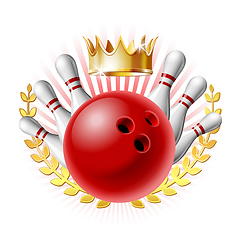 Image showing Bowling sport emblem with red glossy ball, bowling pins and golden crown of winner.