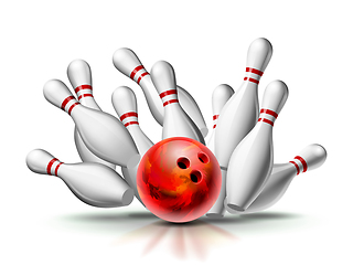 Image showing Red Bowling Ball crashing into the pins. Illustration of bowling strike isolated on white background.