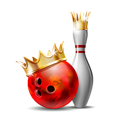 Image showing Red glossy bowling ball with golden crown and white bowling pin with red stripes.