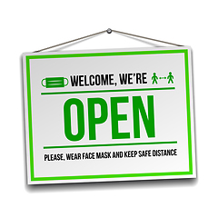 Image showing Open sign on the front door - welcome back.