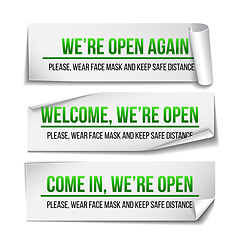 Image showing Open sign on green label - welcome back. Set of Information sign for front the door about working again.