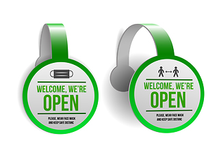 Image showing Open sign on green label - welcome back. Set of Information sign for front the door about working again.