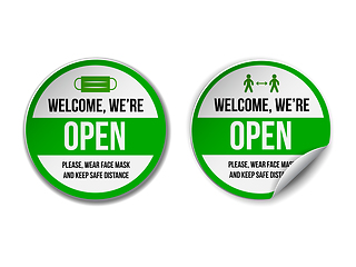 Image showing Open sign on green label - welcome back. Set of Information sign for front the door about working again.