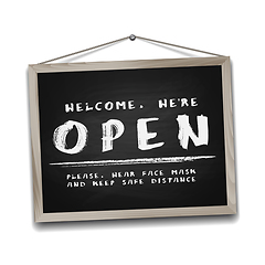 Image showing Open sign on black chalkboard in wooden frame. Information sign for front the door about working again.