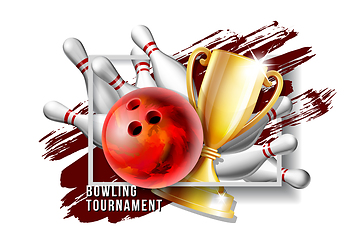 Image showing Bowling Game Award. Bowling Ball with and white bowling pin and Golden Cup.