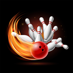 Image showing Red Bowling Ball in Flames crashing into the pins on a Dark Background. Illustration of bowling strike.