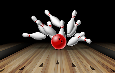 Image showing Red Bowling Ball crashing into the pins on bowling alley line. Illustration of bowling strike