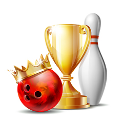 Image showing Bowling Game Award. Bowling Ball with golden crown and Golden Cup