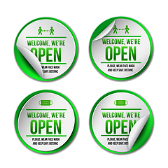 Image showing Open sign on green label - welcome back. Set of Information sign for front the door about working again.