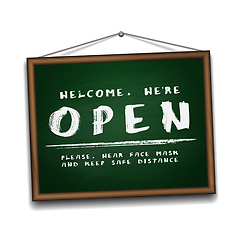 Image showing Open sign on green chalkboard in wooden frame. Information sign for front the door about working again.