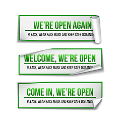 Image showing Open sign on green label - welcome back. Set of Information sign for front the door about working again.