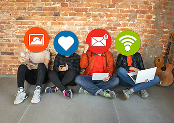 Image showing Creative millenial people connecting and sharing social media. Modern UI icons as heads