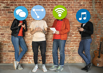 Image showing Creative millenial people connecting and sharing social media. Modern UI icons as heads