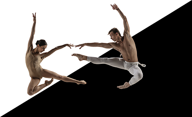 Image showing Modern ballet dancers. Contemporary art ballet, black and white