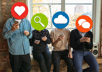 Image showing Creative millenial people connecting and sharing social media. Modern UI icons as heads