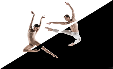 Image showing Modern ballet dancers. Contemporary art ballet, black and white