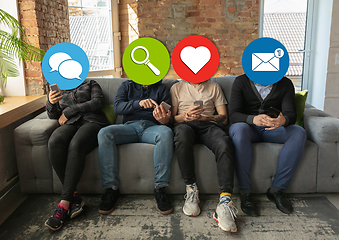Image showing Creative millenial people connecting and sharing social media. Modern UI icons as heads