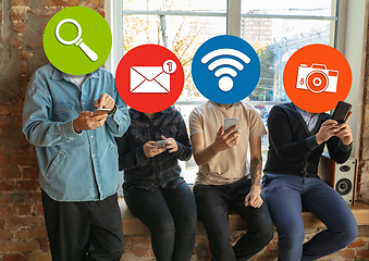 Image showing Creative millenial people connecting and sharing social media. Modern UI icons as heads