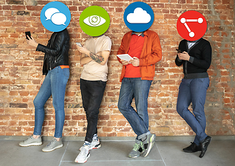 Image showing Creative millenial people connecting and sharing social media. Modern UI icons as heads