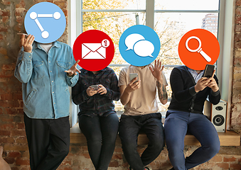 Image showing Creative millenial people connecting and sharing social media. Modern UI icons as heads