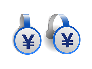 Image showing Yen currency on Blue advertising wobblers. Illustration design of currency sign of japan on banner label.