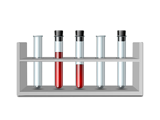 Image showing Test glass tubes in rack. Equipment for Biology science, education or medical tests.