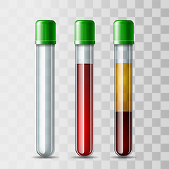 Image showing Set of glassware tube empty, filled blood and Fractioned blood in vitro, plasma and layers red blood cells.