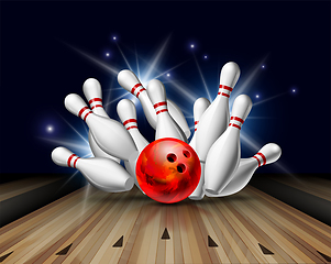 Image showing Red Bowling Ball crashing into the pins on bowling alley line. Illustration of bowling strike