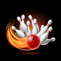 Image showing Red Bowling Ball in Flames crashing into the pins on a Dark Background. Illustration of bowling strike.