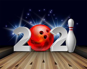 Image showing New Year numbers 2021 with bowling ball and white bowling pin with red stripes.