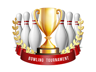 Image showing Bowling Game Award. Bowling Ball with and white bowling pin and Golden Cup.