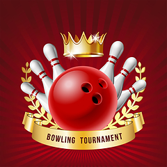 Image showing Bowling sport emblem with red glossy ball, bowling pins and white ribbon for lettering.