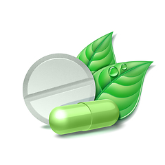 Image showing Two natural medical pills with green leaves. Pharmaceutical vector symbol with leaf for pharmastore