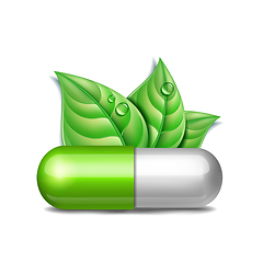 Image showing Green natural medical pill with green leaves. Pharmaceutical vector symbol with leaf for pharmastore